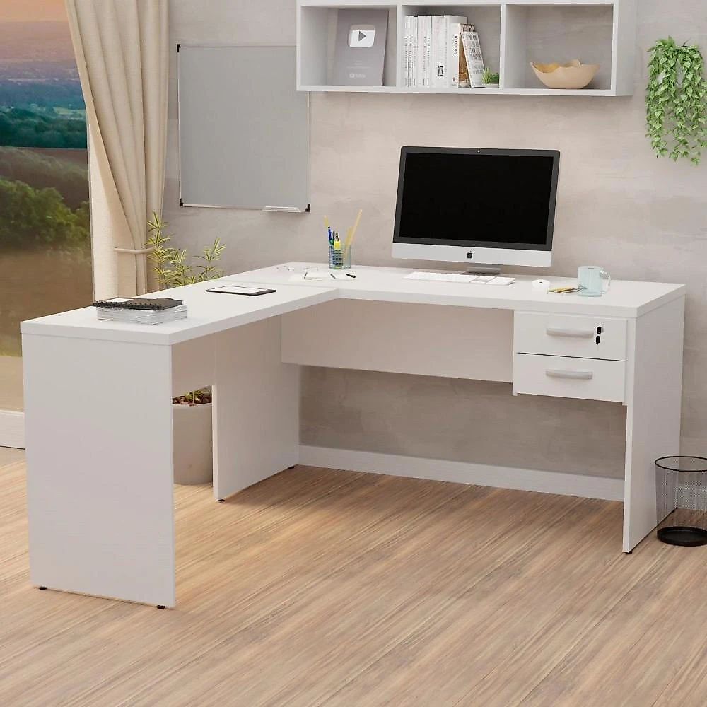 Mesa de Escritório em L 160x60cm com 2 Gavetas + Cadeira de Escritório Ergonômica Reclinável