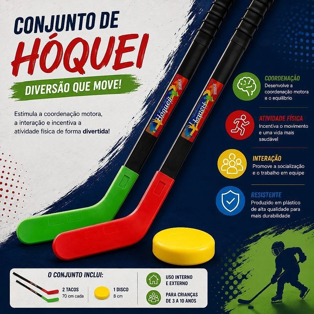 Conjunto de Hóquei Infantil Kit 2 Tacos 70cm e Disco Plástico Yeet