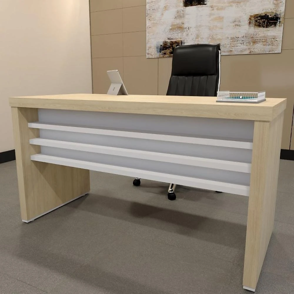 Kit Escritório Completo 1 Mesa 135cm 1 Balcão Baixo 1 Gaveteiro com Rodinhas Conjunto Escritório Completo 1 Mesa 135cm 1 Balcão Baixo 1 Gaveteiro Volante Artany Carvalho/Branco