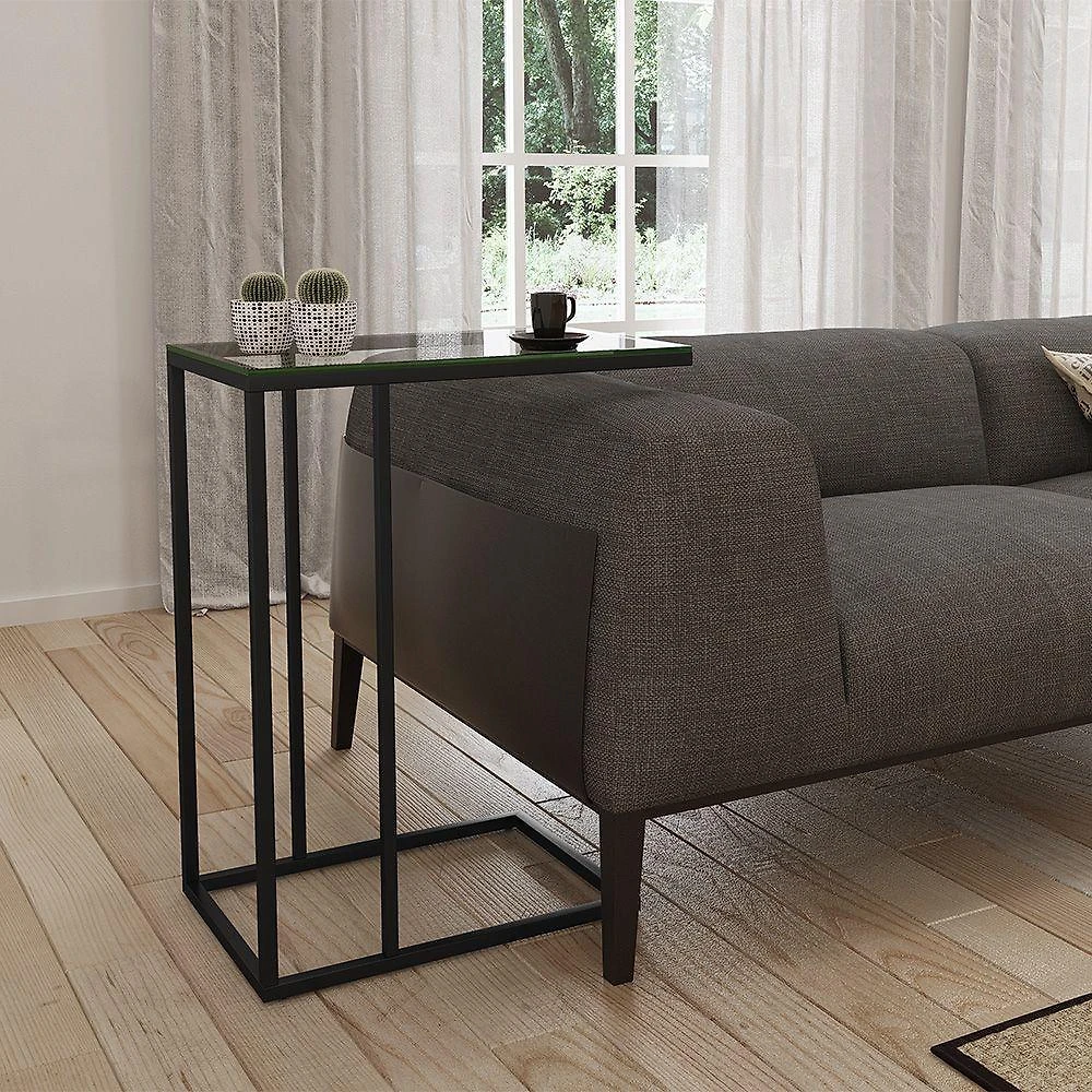 Mesa Lateral Elena Preta Tampa De Vidro - Cor: Preto