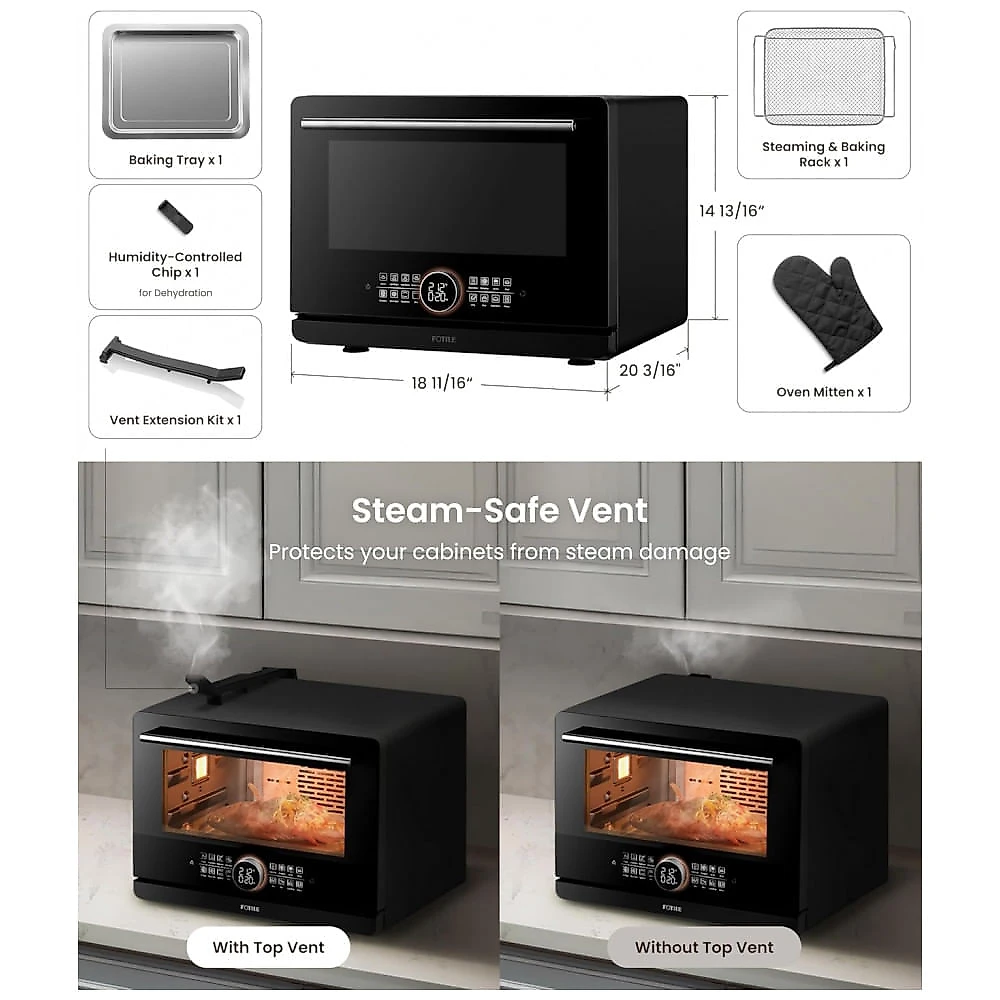 Forno Combinado FOTILE ChefCubii Preto 31L 4 em 1 Vapor Air Fry Convecção Desidratador 1800W 110V