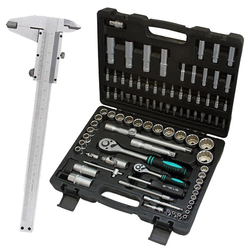 Kit Chave Catraca Soquetes 1/2 e 1/4 Aço CR-V 94 Peças STELS + Paquímetro de Aço 6 POL MTX