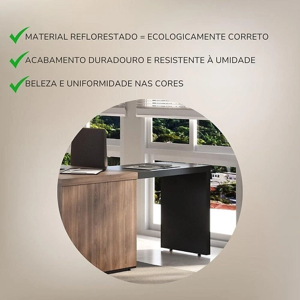 Conjunto Mesa Tamburato 1600, Mesa de Apoio, Balcão, Balcão com Gavetas e Armário Nogal com Preto