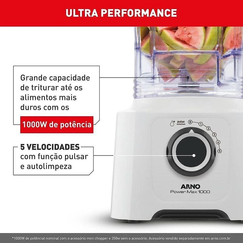 Liquidificador Arno Power Max LN51 1000W 3,1L 4 Lâminas 5 Velocidades Branco 110V