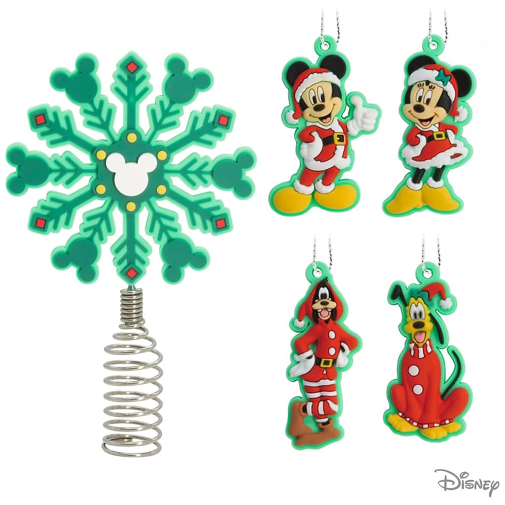 Conjunto Hallmark Disney Mini Enfeites de Natal com Topo de Árvore Mickey e Minnie, 5 Peças em PVC Inquebrável, 13 x 8,4 x 1,9 cm
