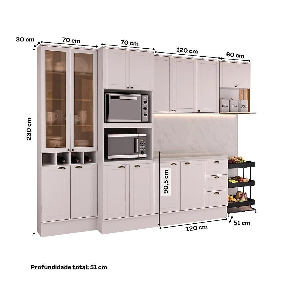 Cozinha Completa Milla Smooth 14 Portas 3 Gavetas MDF 320CM Móveis Carraro