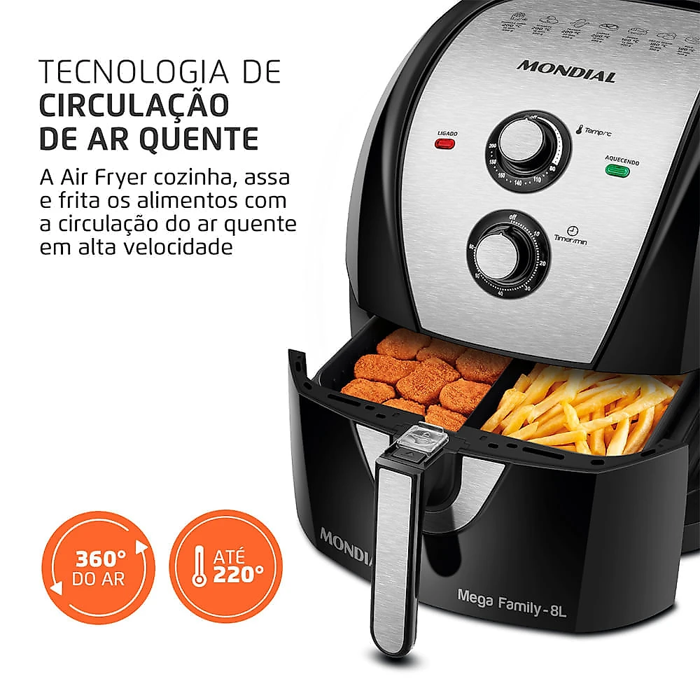 Fritadeira Sem Óleo Air Fryer 8L Mondial Preto/Inox 1900W - AFD-80-BI 110V
