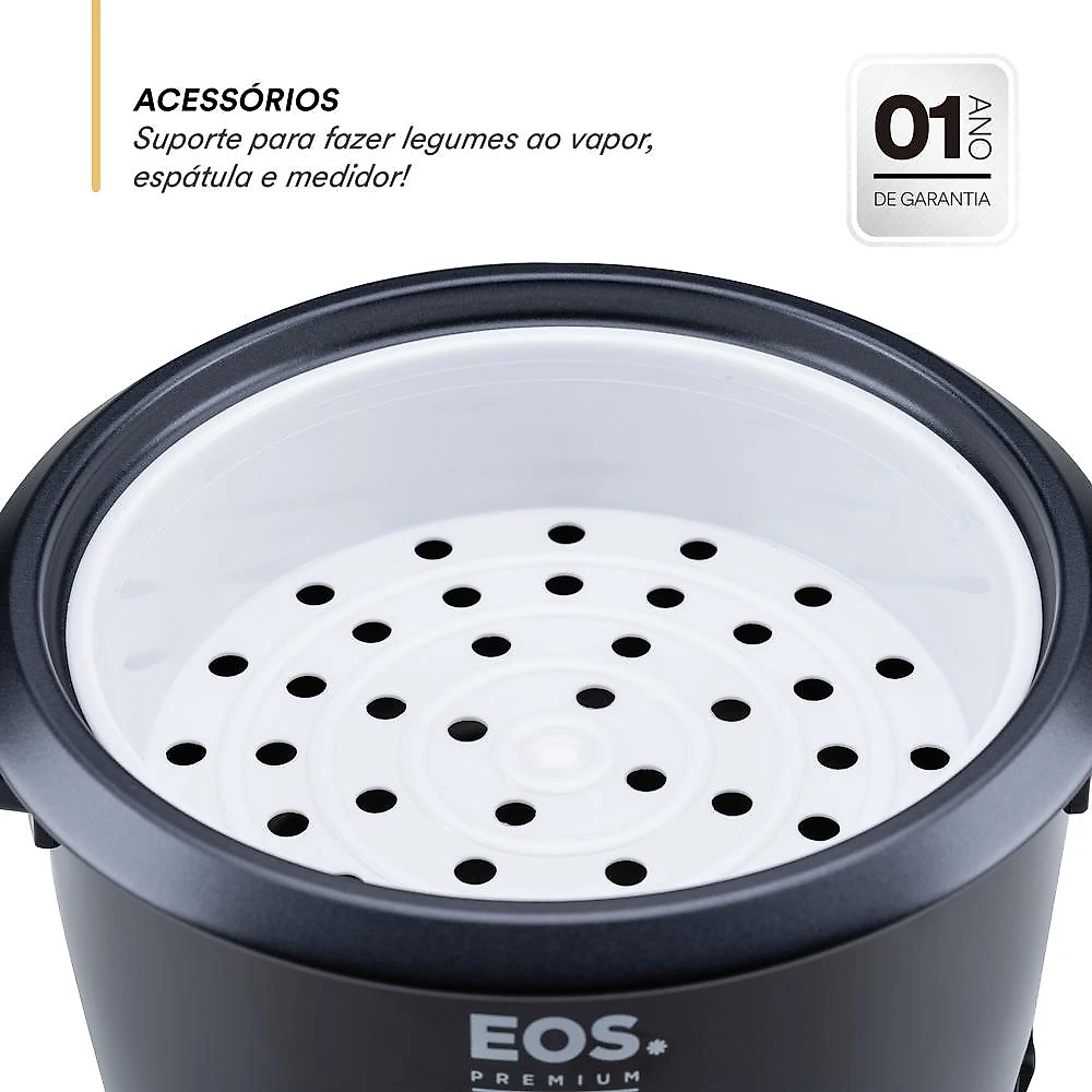 Panela Elétrica de Arroz 8 Xícaras EOS Premium Pratic Tampa de Vidro Preto EPA08P 220V