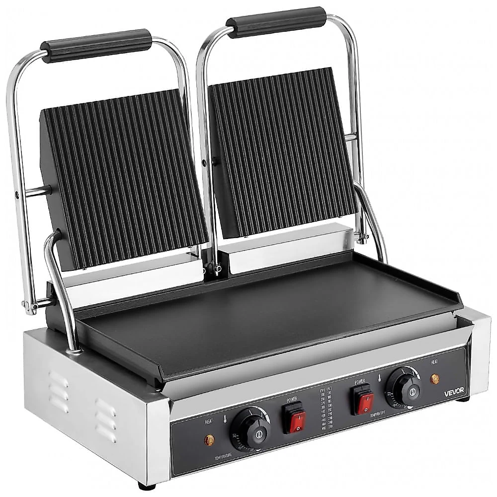 Grill Panini Comercial VEVOR 3600W Dupla Placa Esmaltada Temperatura Ajustável Inox 110V