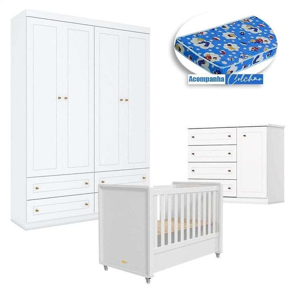 Quarto Infantil 4 Portas Americano Com Berço Tutto New Branco Fosco E Colchão Ortobom - Matic