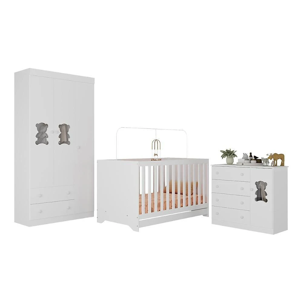 Quarto De Bebê Completo Com Berço Americano 3 Em 1 Teddy Multimóveis MP4652 Branco