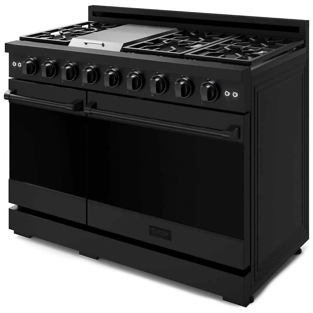 Fogão a gás profissional 122 cm Gordon Ramsay THOR Kitchen preto, 7 queimadores, chapa 15.000 BTU, 2 fornos com convecção 198 L e 62 L, 110V