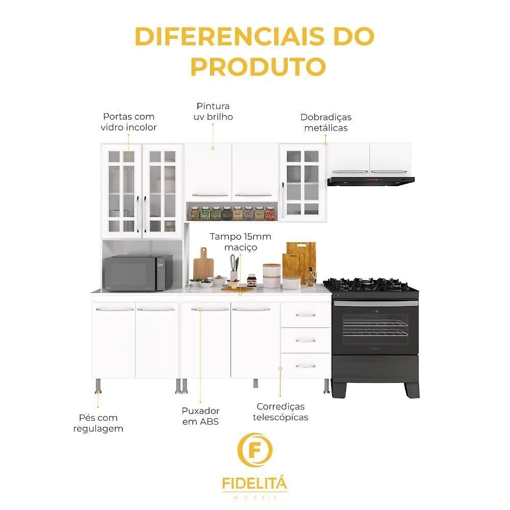 Armário de Cozinha Modulada Compacta Viena 11 Portas 3 Gavetas MDP 260CM Branco Fidelita Móveis webcontinental-7899208700071