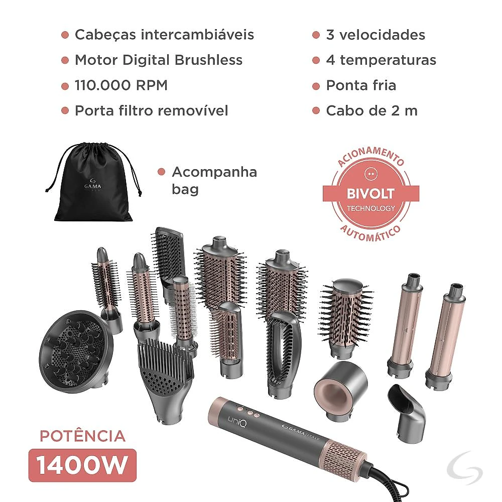 Secador de cabelo multistyler ga.ma uniq flow 15 em 1 bivolt
