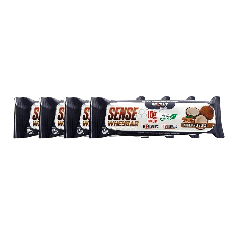 Kit 4 Barra de proteína Sense Whey Bar Absolut Nutrition Sabor Amendoim com Coco 15g de Proteína Adoçado com Stevia 45g