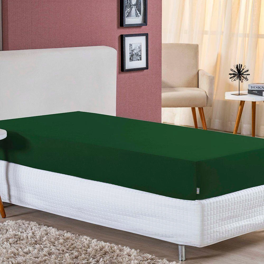 Lençol Com Elástico Solteiro Nobre 1 Peça 30cm De Altura Malha 100% Algodão - Verde-bandeira