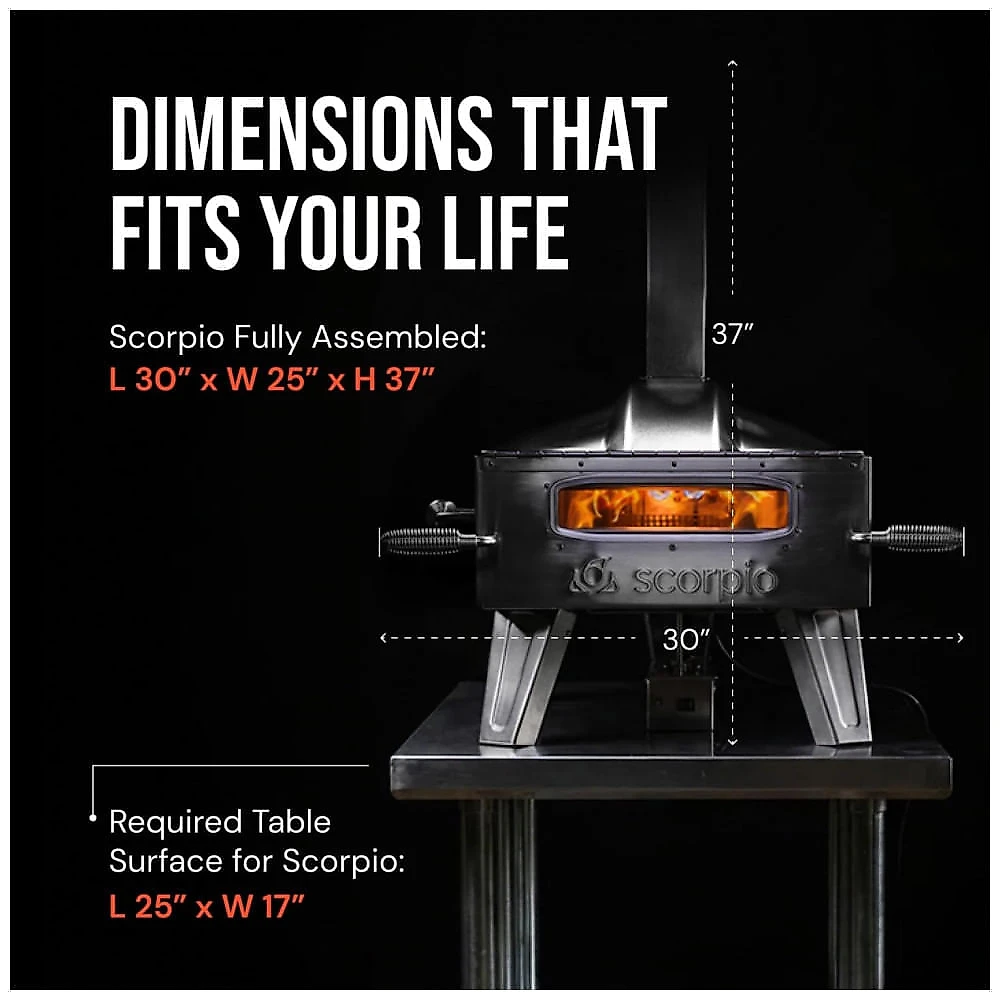 Forno de Pizza SCORPIO SPO1 Multicombustível Lenha e Gás 16" Pedra Giratória Refratária Alta Temperatura 454°C Portátil Externo