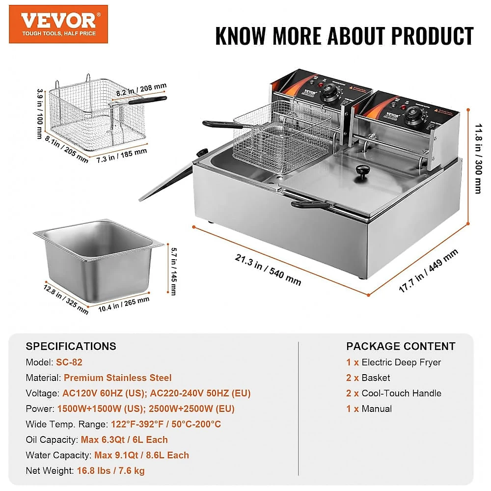 Fritadeira Elétrica Comercial VEVOR Dupla 2x6L Inox Controle de Temperatura 110V