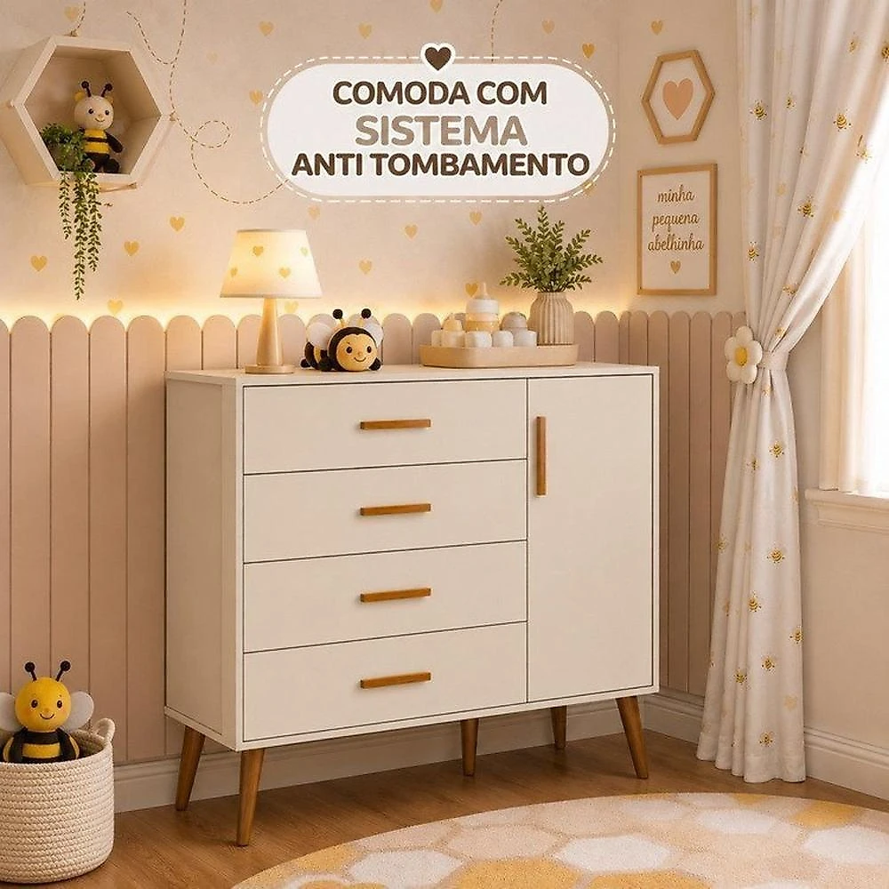 Quarto de Bebê Completo Isis / Berço 2 em 1, Cômoda Sapateira 100% MDF Areia
