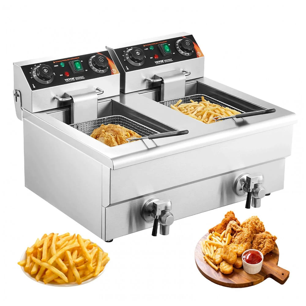 Fritadeira Elétrica Profissional VEVOR Duplo Tanque 22L Inox Temporizador Escorredor 110V