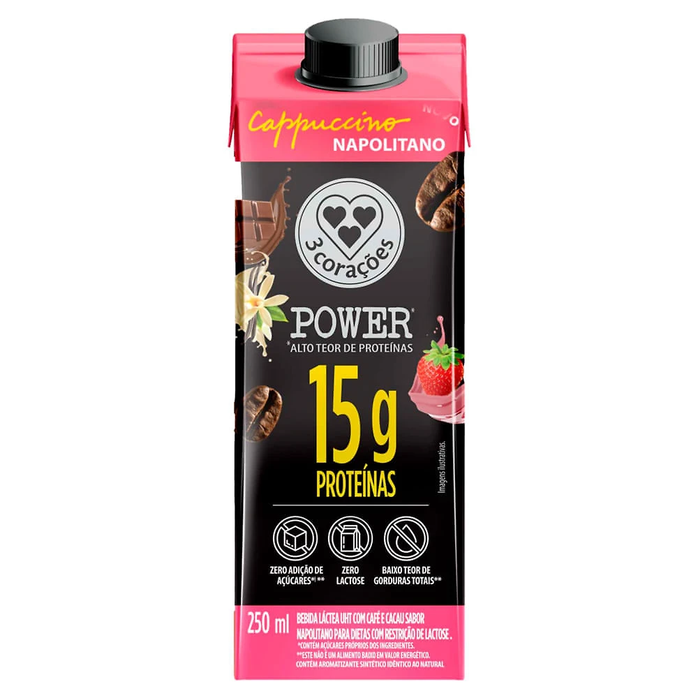 Bebida Láctea 3 Corações Power  Cappuccino Napolitano 15g de Proteínas 250ml