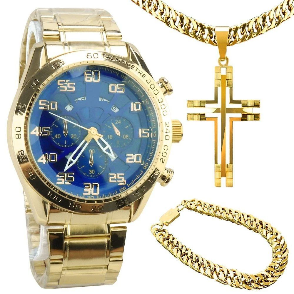 Conjunto de Acessórios Masculinos Orizom Relógio à Prova d’água em Aço Inoxidável Banhado a Ouro 18k
