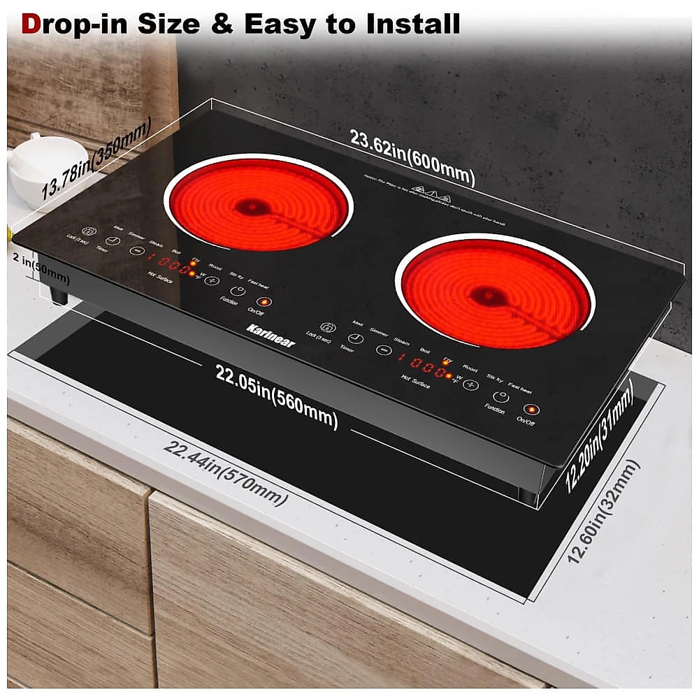 Cooktop Eltrico Porttil com 2 Bocas, Trava de Segurana para Crianas, Temporizador e Controle Digital, 110V 2000W, Karinear, Preto 110v