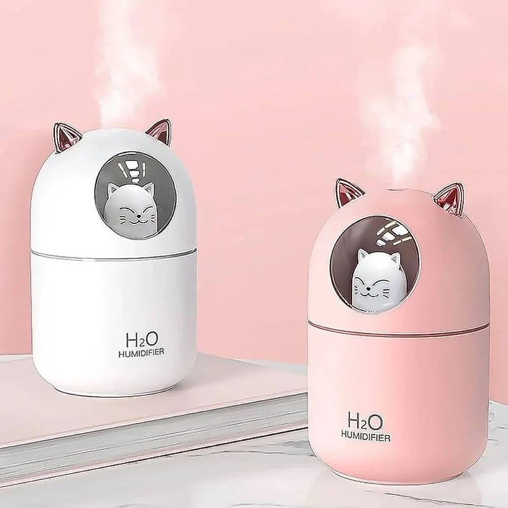 Umidificador Aromatizador Difusor Infantil Gatinho 300ML Luz RGB Branco e Rosa USB