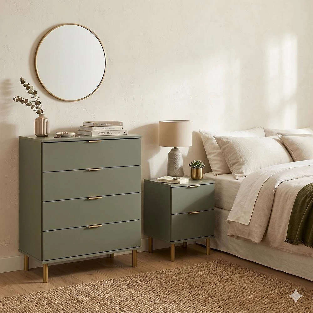 Conjunto de Quarto com Cômoda e Mesa de Cabeceira Dm242+dm125 4 Gavetas Verde Ditália Móveis