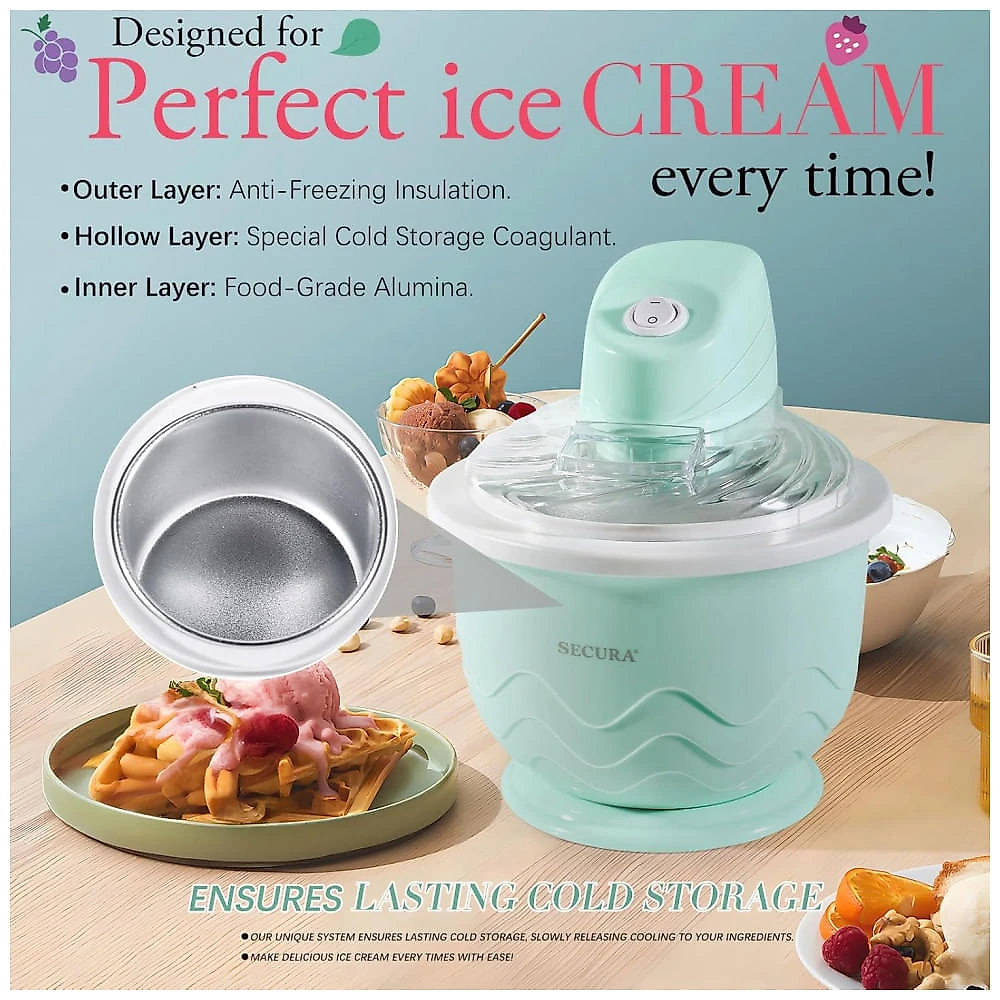 Sorveteira Secura LX-1007 Elétrica para Gelato e Sorbet 0,9 L (1 qt) Capacidade 350 ml Cor Verde