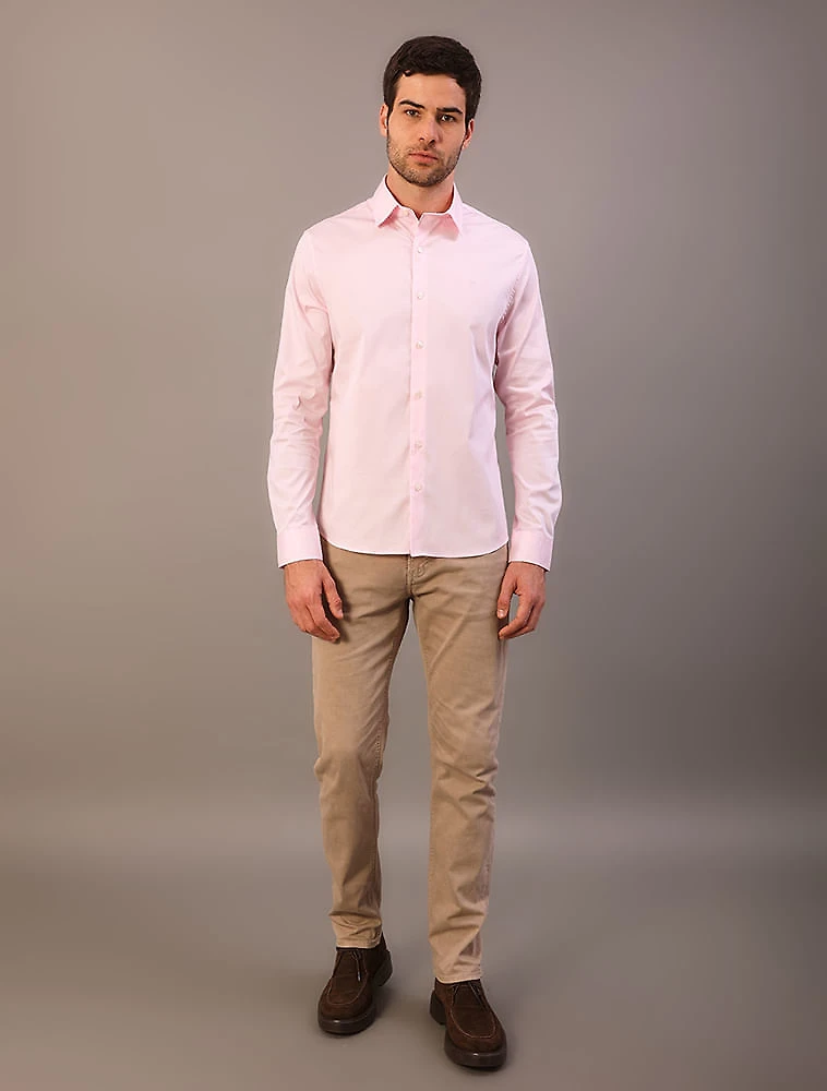Camisa Masculina Manga Longa Slim Básica - Rosa Claro