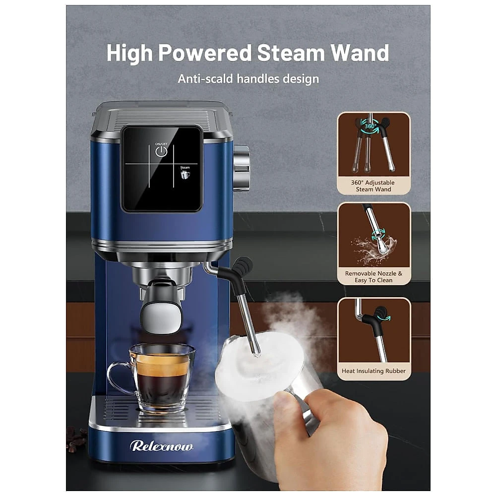 Cafeteira Espresso RELEXNOW Azul 20 Bar LCD 1,2L Vaporizador de Leite Café Quente e Gelado 110V