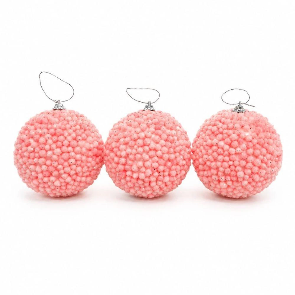 Bola Decorativa de Natal Flocada com Glitter Rosa 3 Pçs Florarte 10CM