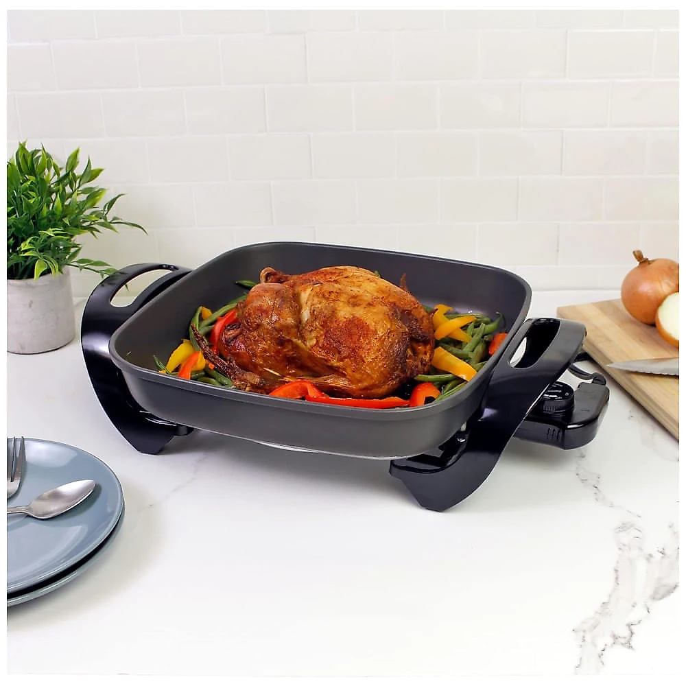 Panela Elétrica Kenmore 30x30cm com Controle de Temperatura - Antiaderente, Tampa de Vidro, Cabos, Grelha - Prepare Refogados e Assados com Facilidade
