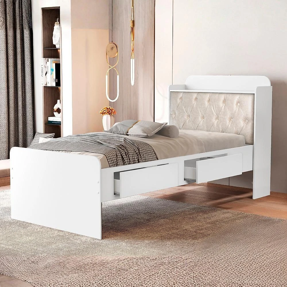 Cama Solteiro Baú Tamires com Gavetas Capitone Mdf Branco Bege Milani Movelaria