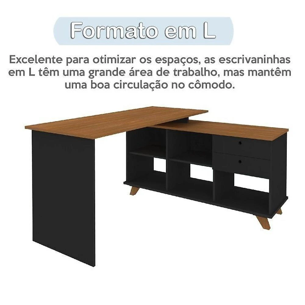 Conjunto 3 Peças 1 Escrivaninha em L Gold 1 Balcão Lugano 1 Gaveteiro Day Espresso Móveis Freijó/Preto