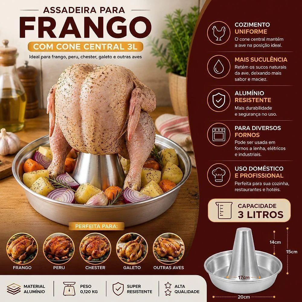 Assadeira de Frango em Alumínio com Cone Central para Aves 3L Prata Yeet