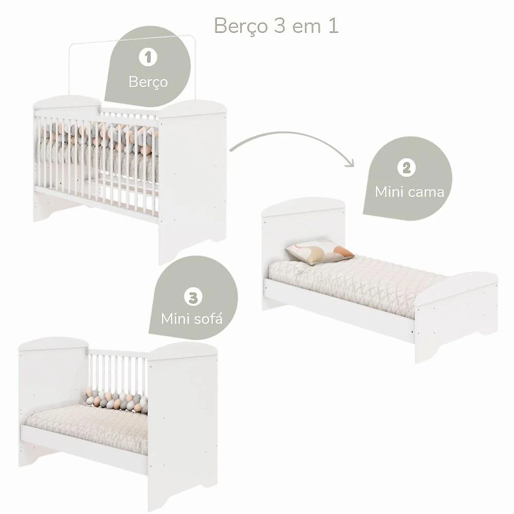 Quarto de Bebe Completo Berço 3 em 1 Eloá e Roupeiro Ariel Branco