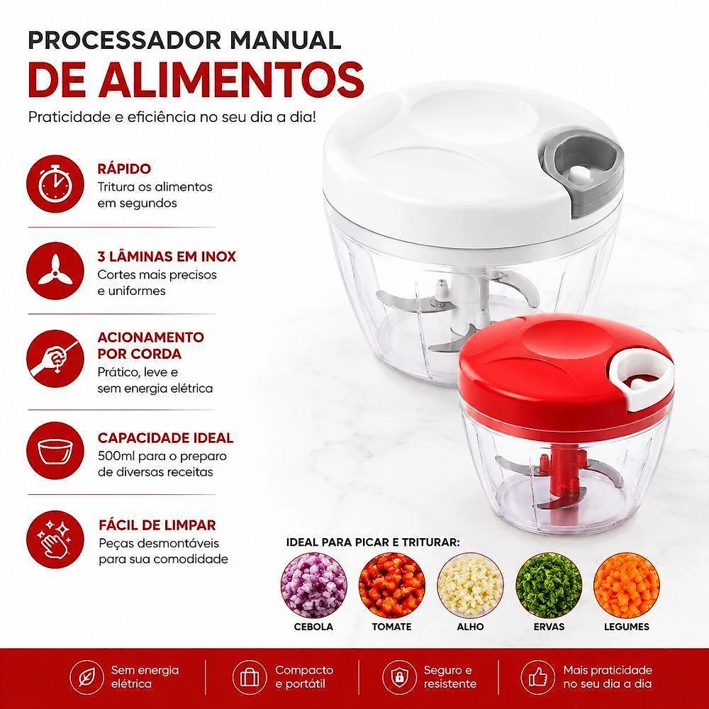 Processador Manual de Alimentos Processador 500ML com 3 Lâminas em Aço Inox Plástico PS Branco Yeet