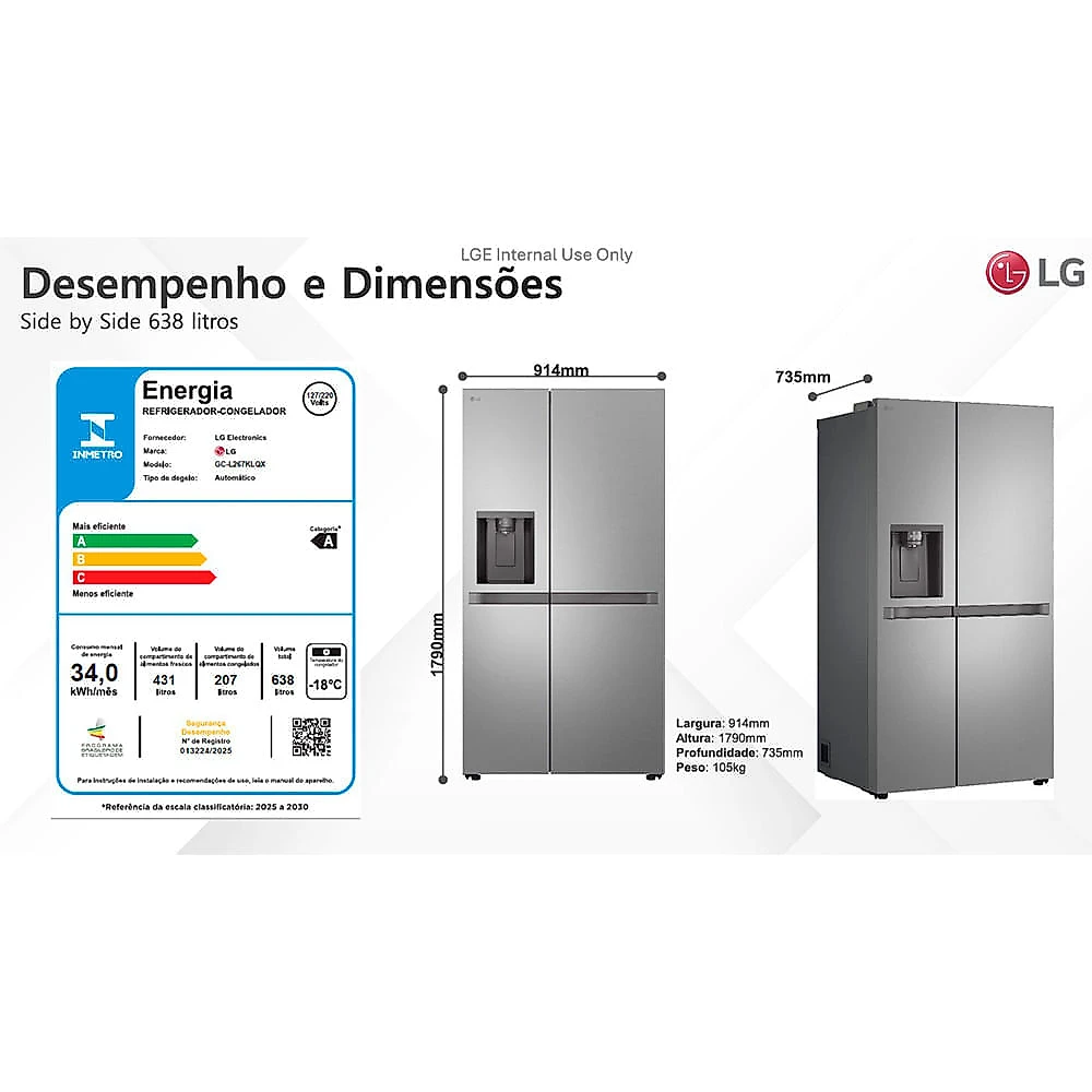 Refrigerador Smart Side by Side LG de 02 Portas Frost Free Inverter, 638L, Inox - GC-L267KLQ Bivolt