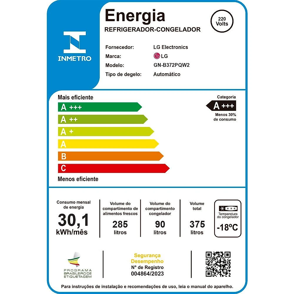 Geladeira 2 Portas 375 Litros LG Frost Free Inverter GN-B372PQW Branco - 110V