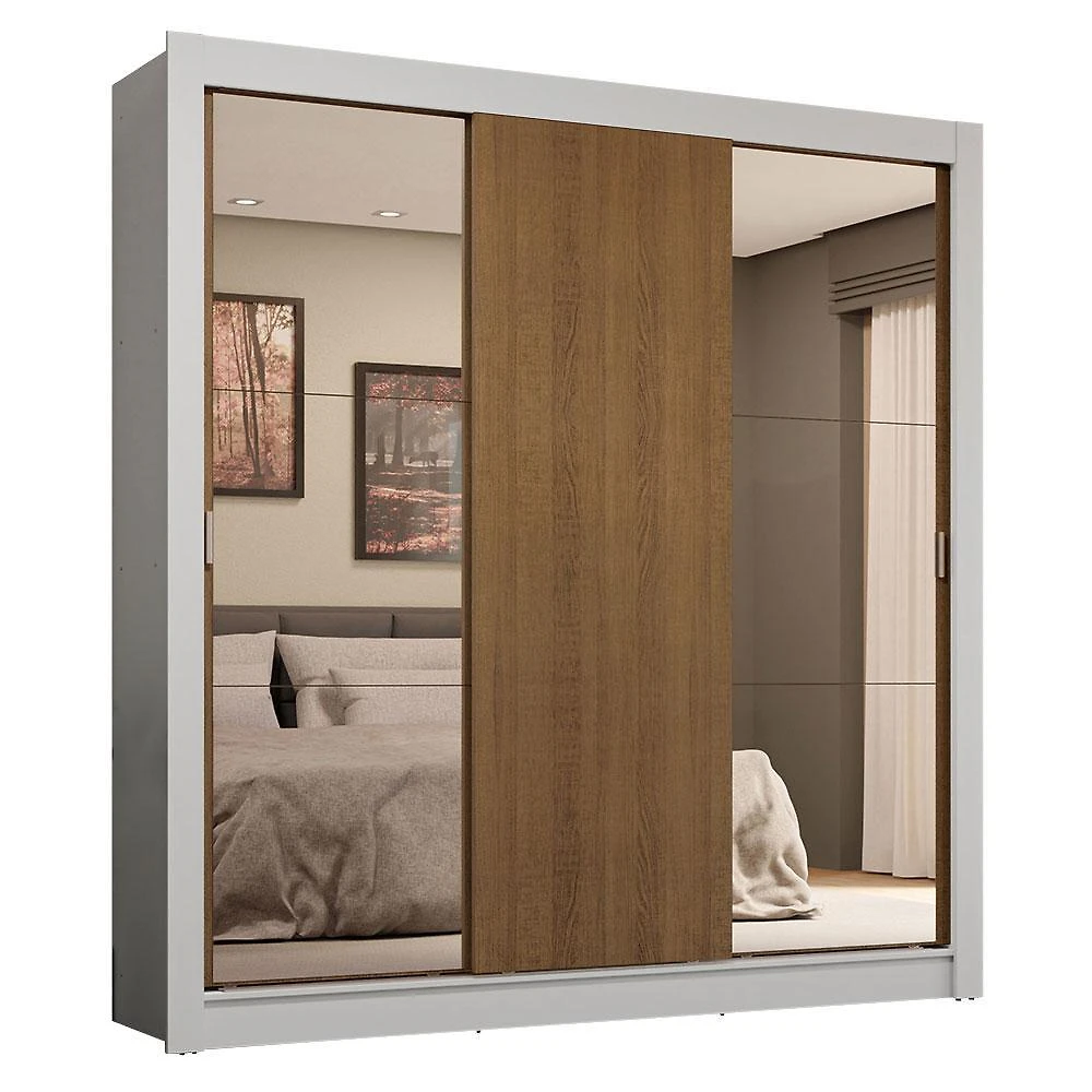Guarda-roupa casal 3 portas de correr com espelhos 4 gavetas branco/rustic sublime plus madesa