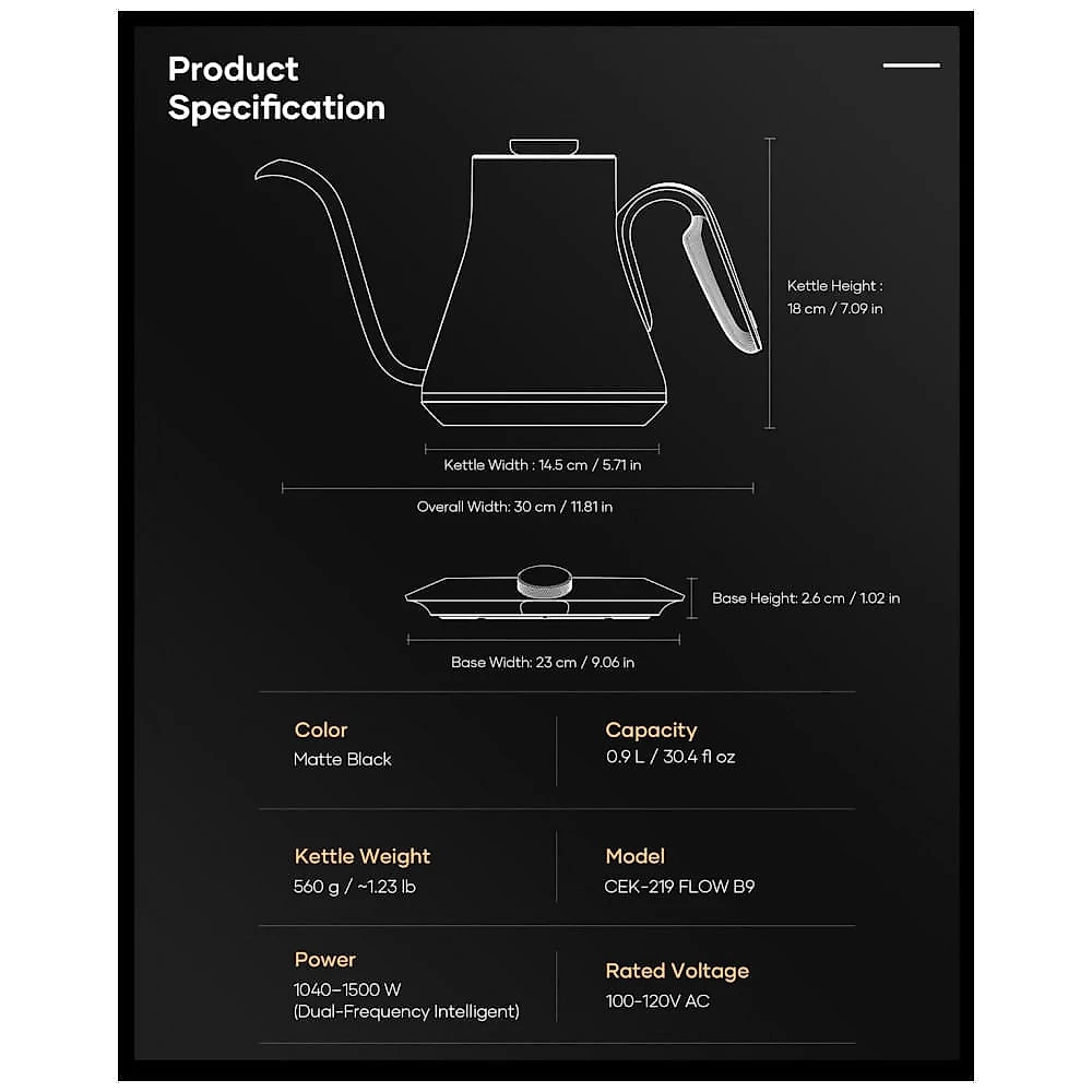 Chaleira elétrica pescoço de ganso Cocinare FLOW B9 0,9L inox, display digital, 1500W, 110V, preto fosco