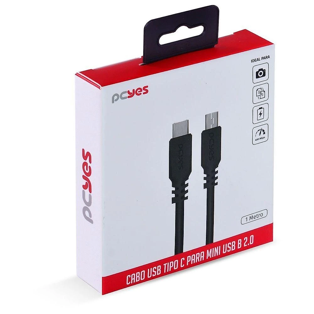 Cabo USB Tipo C para Mini USB B 2.0 1M Alta Taxa de Dados 480 MBPS Preto Pcyes
