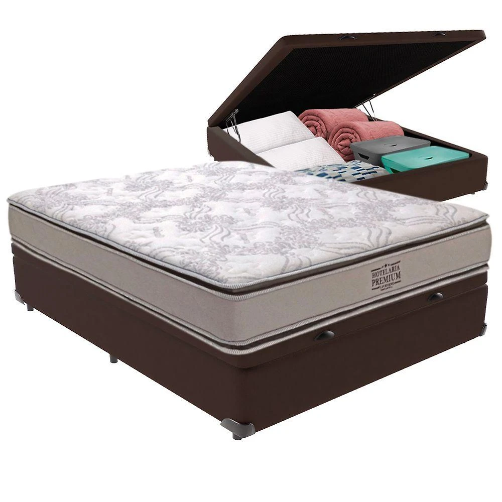 Cama Box com Baú Casal Bravus com Colchão Four Season Molas Ensacadas Pillow Top Marrom Vtech