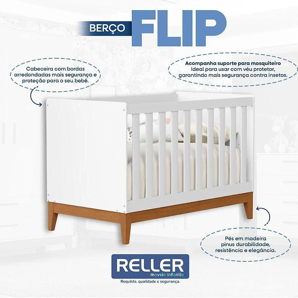 Quarto De Bebê Flip Guarda Roupa 4 Portas E Cômoda Gaveteiro Branco Acetinado - Reller