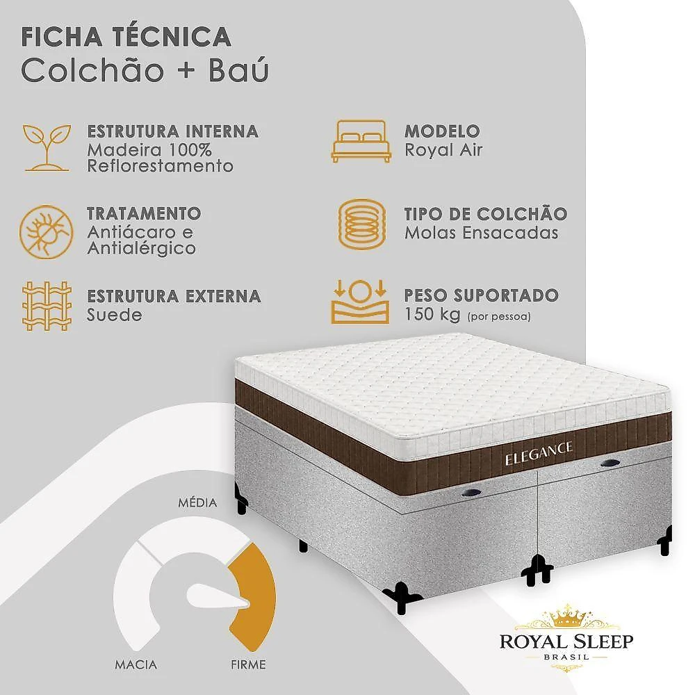 Cama Box com Baú Queen Elegance Euro Pillow Molas Ensacadas Suede Branco Royal