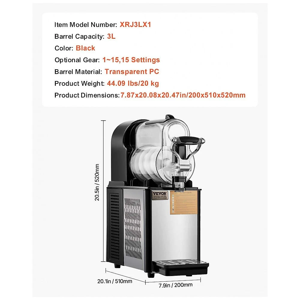 Máquina de Slush Raspadinha VEVOR XRJ3LX1 3L Comercial 15 Níveis Frozen Inox 240V