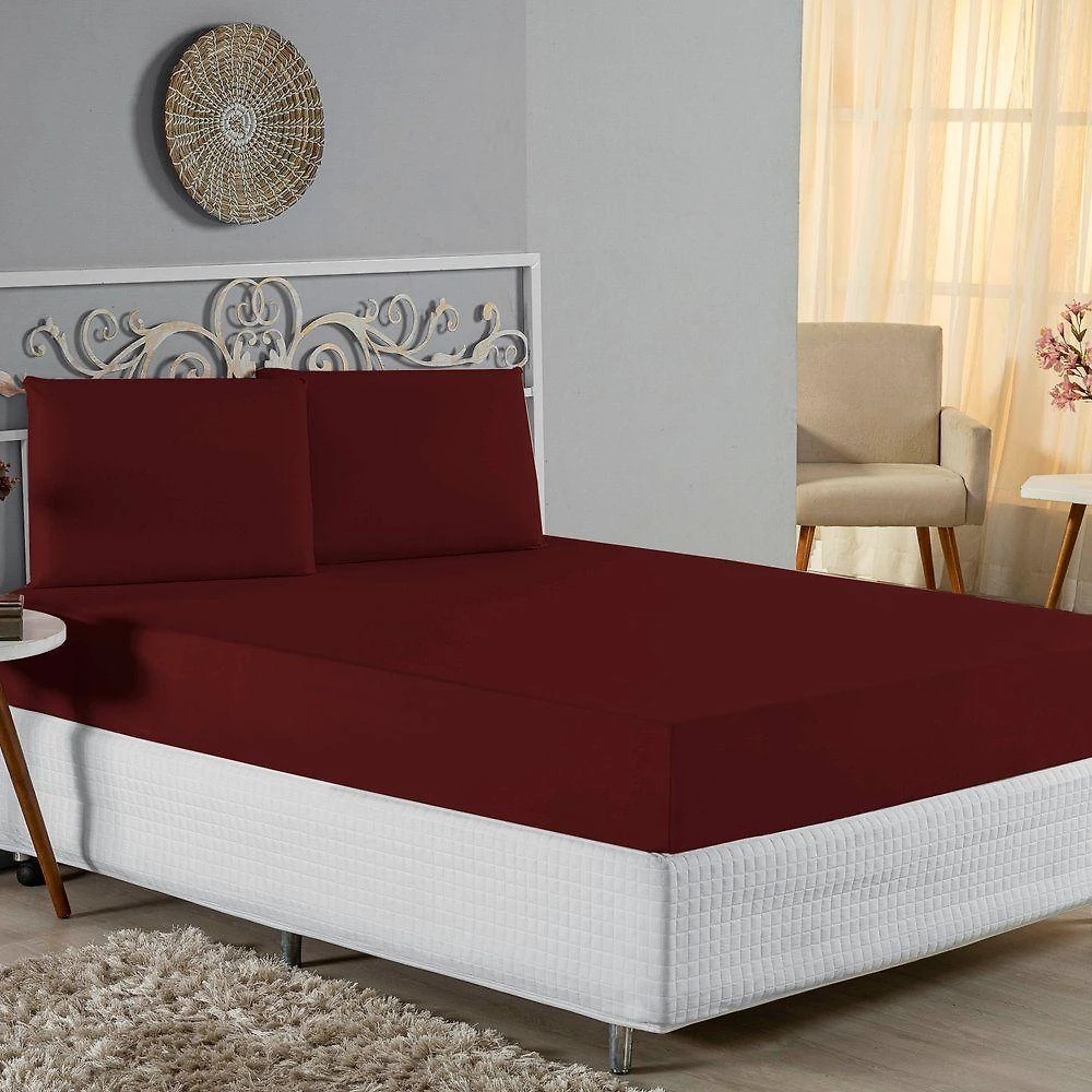 Jogo De Cama Casal Viúva Nobre 3 Peças Malha 100% Algodão - Vinho