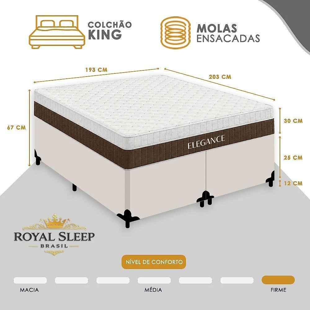Cama Box com Colchão King Elegance Pillow Top Molas Ensacadas Tecido Branco Royal